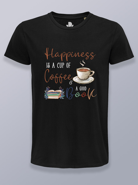 Camiseta hombre felicidad, café y un libro