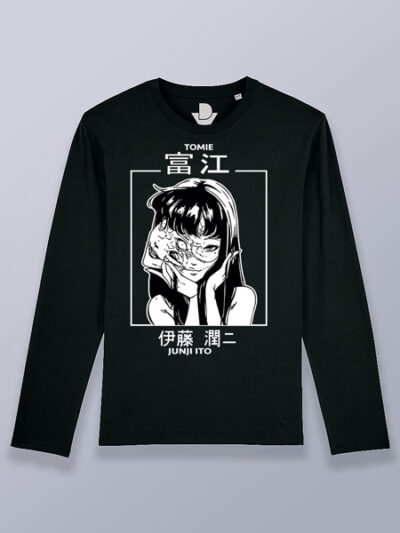 Camiseta hombre manga larga Tomie Junji Ito blanco y negro