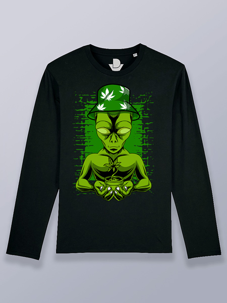 Camiseta hombre manga larga alien con planta de cannabis