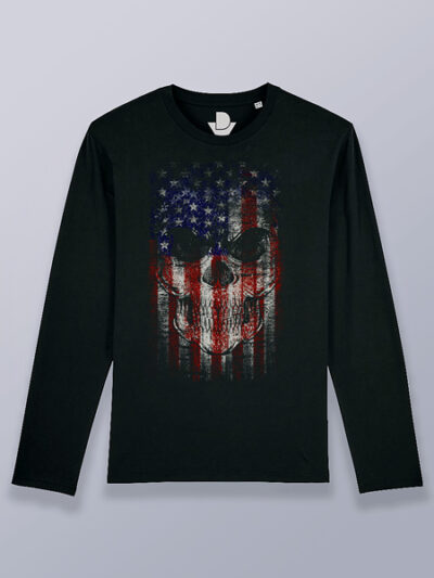 Camiseta hombre manga larga calavera bandera estadounidense.