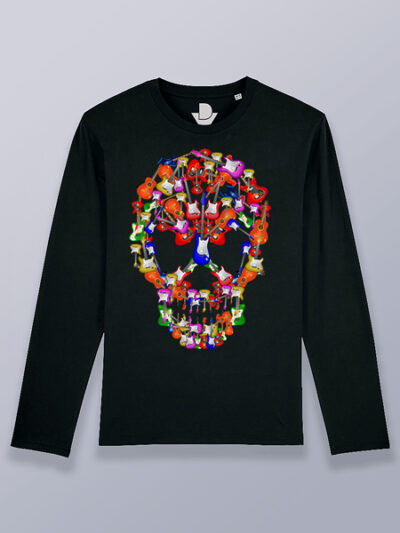 Camiseta hombre manga larga calavera de guitarras eléctricas