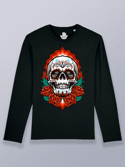 Camiseta hombre manga larga calavera mejicana con rosas