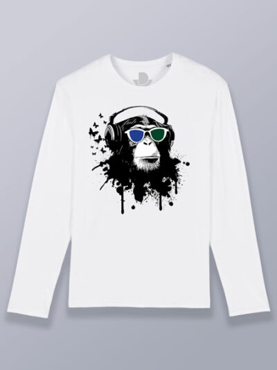 Camiseta hombre manga larga chimpancé con auriculares