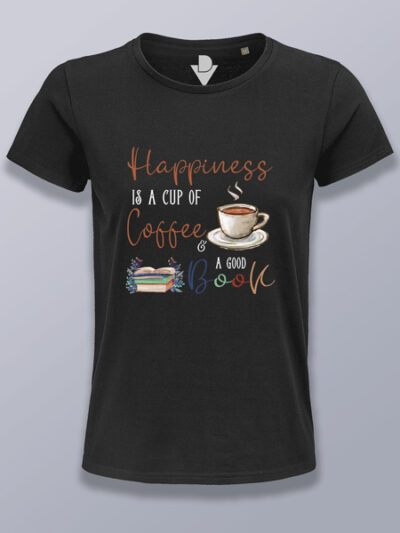 Camiseta mujer felicidad café y un libro