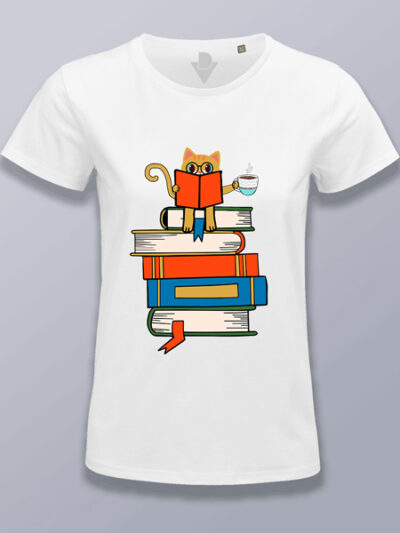 Camiseta mujer gato leyendo