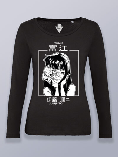 Camiseta mujer manga larga Tomie Junji Ito blanco y negro