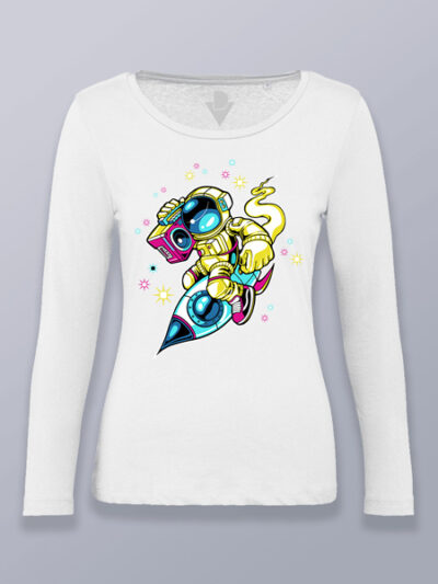 Camiseta mujer manga larga astronauta en cohete