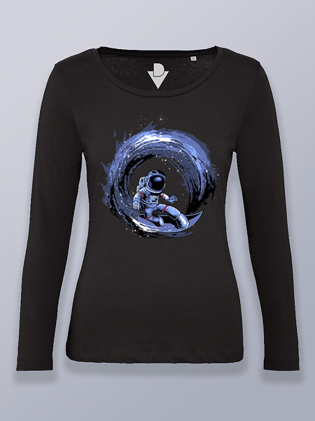 Camiseta mujer manga larga astronauta surf en el espacio