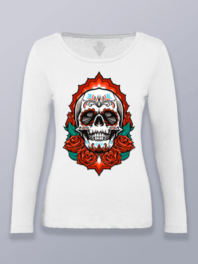 Camiseta mujer manga larga calavera mejicana con rosas