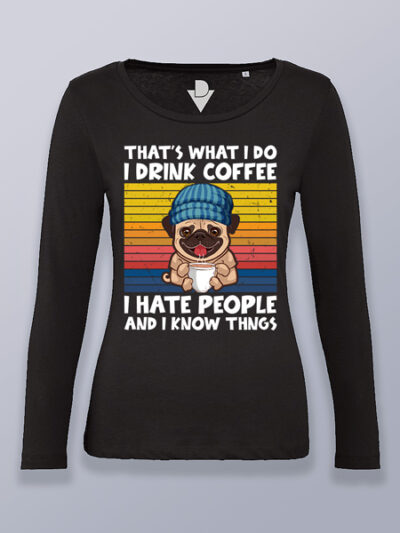 Camiseta mujer manga larga perro bebiendo café