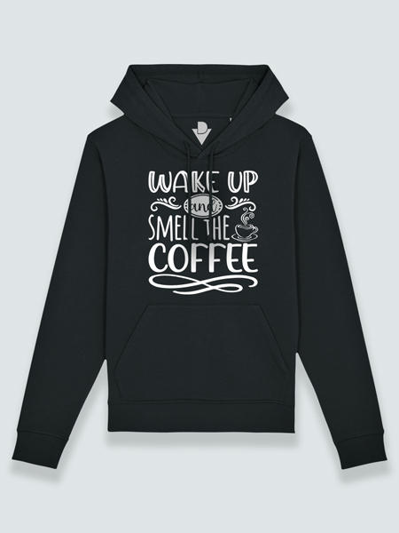Sudadera con capucha despierta y huele el café